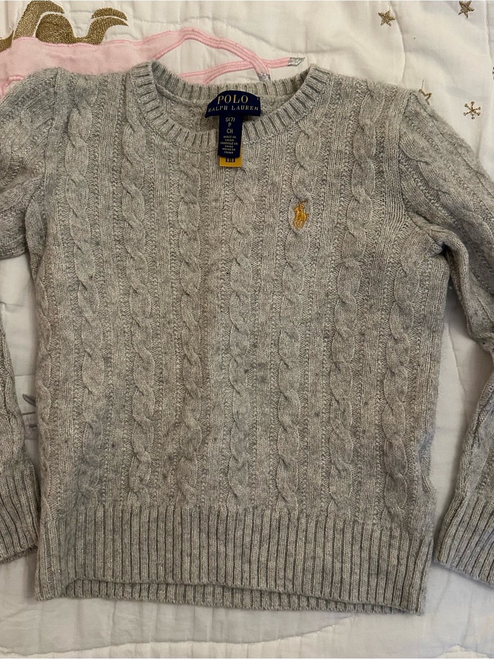Polo by Ralph Lauren Kids Cable Knit Sweater - Light Gray with Yellow Pony